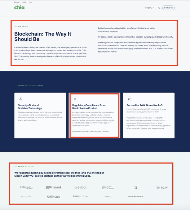 A screenshot of the Chia Network website, with red boxes highlighting sections including 'Blockchain: The Way It Should Be', 'Regulatory Compliance From Blockchain to Product', and a section about raising funding backed by the best, listing investors like Andreessen Horowitz and Galaxy Digital.