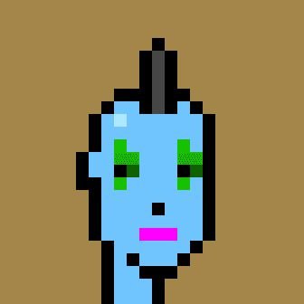 A pixel art character with a blue body, green and black eyes, pink lips, and a small tuft of hair on top is displayed against an orange background, representing the 4927th edition of the PopPunks NFT collection by @poppunketh.
