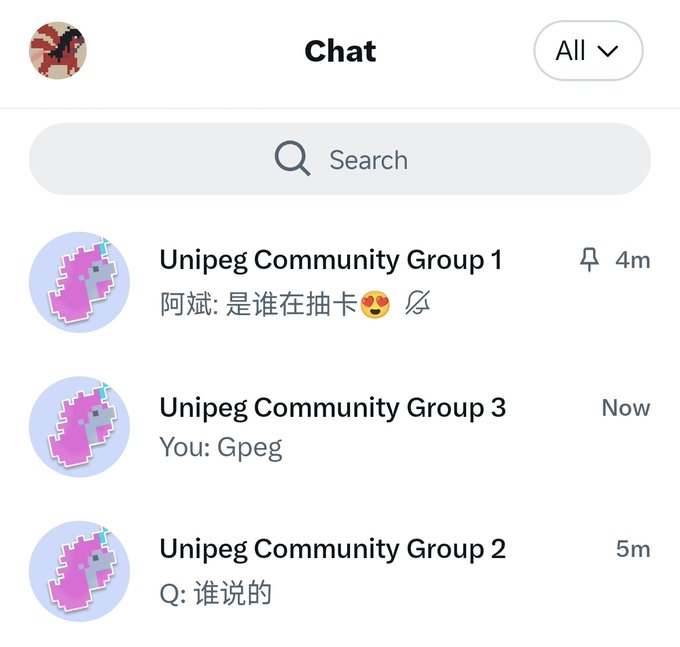 The image shows a conversation screen from a messaging app where people are discussing a topic. The screen has three different posts displayed with logos of unicorns, and several names like "Unipeg Community Group 3" and "Unipeg Community Group 2". There's also text visible on the screen including "chat", "Search", and "All". A person can be seen partially in the top left corner but not fully. The conversation is focused on Unipeg Community Groups, specifically their largest growing community, which has been well-received by its members.