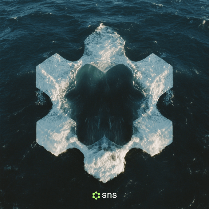 A geometric flower-like pattern of foamy ocean waves viewed from above, with the "sns" logo (green star icon) displayed at the bottom. The flowing, ever-changing waters visually echo the post's message about names flowing with the current, suggesting a decentralized identity that moves and persists across the blockchain like waves reshaping themselves on the sea.