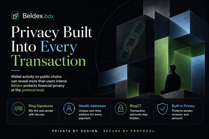 An advertisement for Beldex.bdx titled 'Privacy Built Into Every Transaction' highlights features like Ring Signatures, Stealth Addresses, RingCT, and Built-In Privacy, with the tagline 'PRIVATE BY DESIGN. SECURE BY PROTOCOL.'