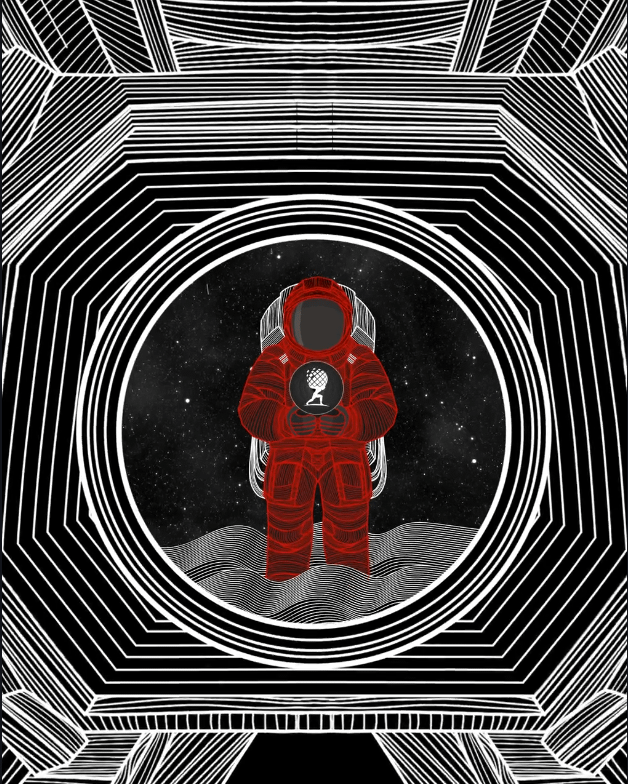 A stylized illustration of an astronaut in a red spacesuit holding a wine glass, set against a starry background within a geometric tunnel of concentric white and black octagonal frames.