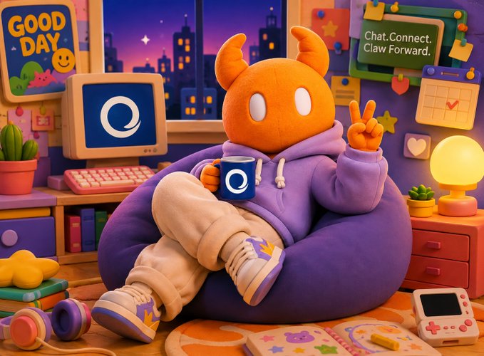 A 3D-rendered orange horned character wearing a purple hoodie sits in a beanbag chair holding a mug, surrounded by retro gaming decor with a 'GOOD DAY' sign and a screen reading 'Chat.Connect.Claw Forward.'