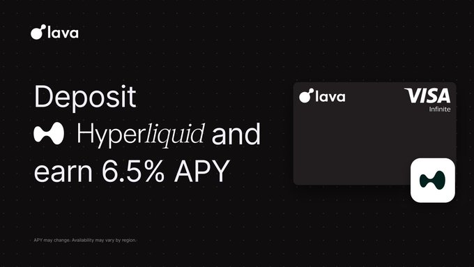 A promotional graphic for Lava featuring a Visa Infinite card, advertising 'Deposit Hyperliquid and earn 6.5% APY' on a dark dotted background.