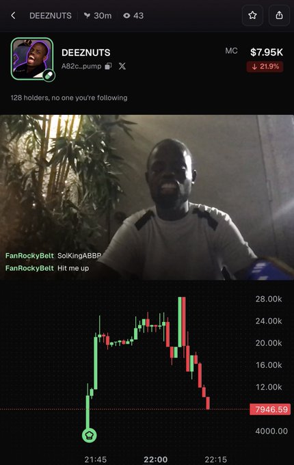 A cryptocurrency tracker app showing the token "DEEZNUTS" ($7.95K, down 21.9%), featuring a profile picture, a live video of a person, and a red/green candlestick price chart.
