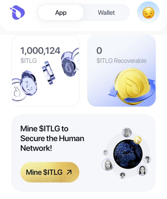 The image displays an app interface showing a wallet with a balance of 1,000,124 $ITLG, 0 $ITLG Recoverable, and a "Mine $ITLG to Secure the Human Network!" button. The post celebrates reaching 1 million $ITLG and approaching 10 million users, with the image visually showcasing this personal token milestone within the Interlink app's wallet feature.