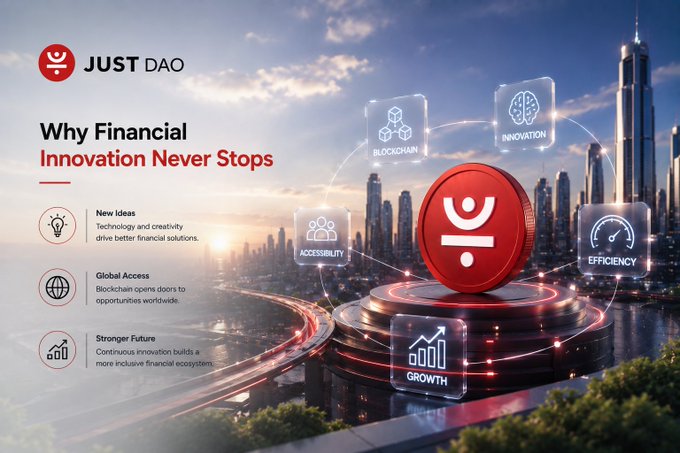 A promotional banner for JUST DAO titled 'Why Financial Innovation Never Stops,' featuring icons for New Ideas, Global Access, and Stronger Future against a futuristic cityscape with a central red coin logo surrounded by Blockchain, Innovation, Accessibility, Efficiency, and Growth icons.