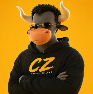 A 3D-rendered cartoon cow character wearing sunglasses and a black hoodie with 'CZ Crypto for Gen Z' printed in yellow text against a solid orange background.