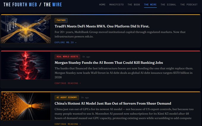 The image shows "The Fourth Web / The Wire" news aggregation site displaying articles about TradFi meeting DeFi/RWA through MultiBank Group's MB.io platform, Morgan Stanley funding AI boom with $570 billion in AI debt issuance targets for 2026, and China's AI model Kimi K3 from Moonshot AI running out of GPU capacity due to 48 hours of overwhelming demand. These curated, synthesized headlines on finance, AI, and crypto align with the post's message about scouring 150+ sources to cluster and synthesize relevant news across crypto and AI topics.