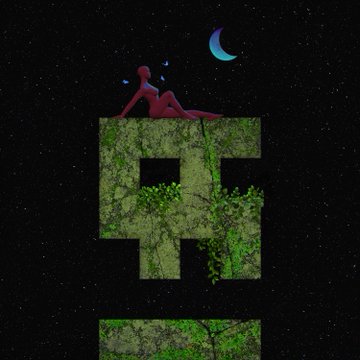 An artistic image featuring a figure sitting on top of large stone letters covered in moss against a starry night sky with a crescent moon.