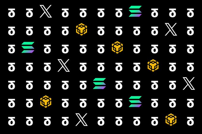 A grid of 77 icons on a black background displays repeating symbols: the X logo, the Stack/Strata logo (purple and green stacked bars), the Solana cube logo, and the BNB Chain (orange cube) logo, representing the four projects mentioned in the caption about daily app usage frequency.