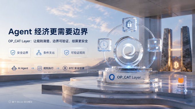 A futuristic digital scene showcases the "OP_CAT Layer" platform with the headline "Agent 经济需要边界" (Agent economy needs boundaries), highlighting features like security boundaries (安全边界), conditional transactions (条件支出), and verifiable rules (可验证规则), alongside an AI Agent → Rule Execution → BTC Security Settlement workflow. The image visually reinforces the post's concern about AI agents handling money by emphasizing the need for clear, verifiable rules to govern their financial transactions on Bitcoin.
