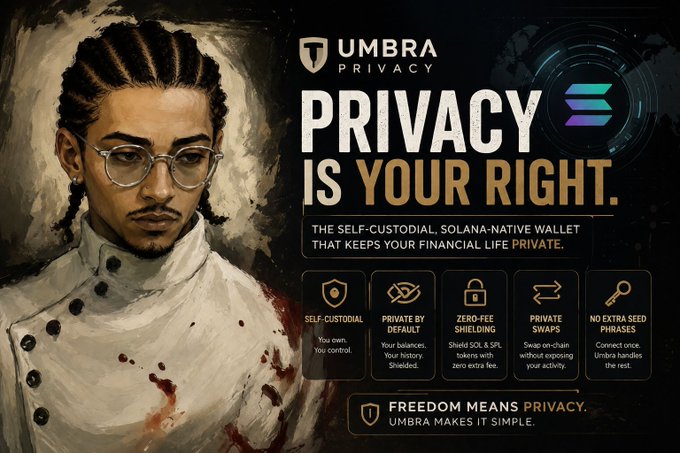 An advertisement for Umbra Privacy featuring a painted portrait of a man with glasses, promoting their self-custodial Solana-native wallet with features like private balances, zero-fee shielding, and private swaps.