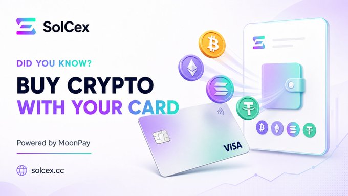 A SolCex promotional graphic announcing "BUY CRYPTO WITH YOUR CARD" powered by MoonPay, featuring a credit card, digital wallet, and Bitcoin, Ethereum, Solana, and Tether coin icons, with the website solcex.cc displayed at the bottom.