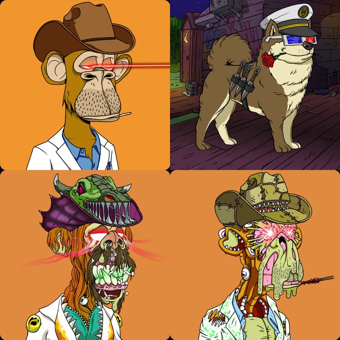 A four-panel illustration showing Bored Ape-style NFT characters with laser eyes, weapons, and mutated/demonic appearances in different outfits.
