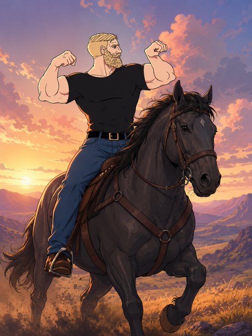 A stylized illustration shows a heavily muscled, blonde, bearded man in a black t-shirt and jeans sitting astride a dark horse, flexing his biceps against a backdrop of mountains and a sunset sky.