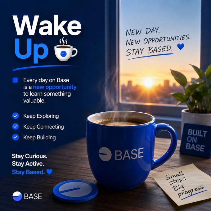 A promotional 'Wake Up' poster featuring a steaming blue 'BASE' branded coffee mug, listing values like 'Keep Exploring, Keep Connecting, Keep Building,' and a sticky note reading 'Small steps Big Progress.'
