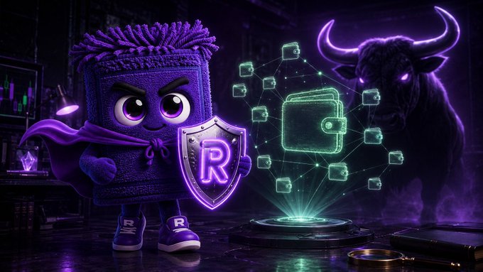 Digital illustration of a purple plush-like character wearing a cape and sneakers with the letter 'R', holding a shield with an 'R' logo, alongside a glowing purple bull and floating wallet icons representing the Radr ecosystem.