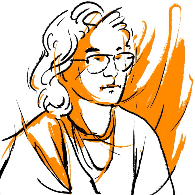 A loose, expressive ink-style illustration rendered in black and orange depicts a person with glasses and curly hair wearing a jacket, with energetic brush strokes flanking the figure.