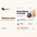 A small graphic for 'Quant AI' displaying the slogan 'Markets move. Quant knows.' alongside a dashboard showing 'Smart Money vs Crowd' metrics with a 'TyrlQuant' logo.