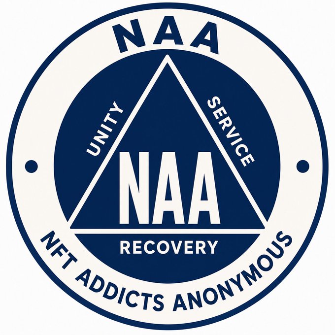 The image shows the NFT Addicts Anonymous (NAA) logo in blue and white, featuring a triangular design with the words "UNITY," "SERVICE," and "RECOVERY," along with the abbreviation "NAA" displayed prominently. It relates to the post by serving as a satirical representation of a recovery/support group for individuals struggling with NFT trading losses, mirroring the joke of "Cryptobaba" admitting to losing $15,000 on @DCBearNFTs and receiving group support from the community.