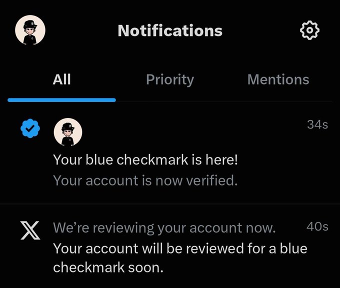 A smartphone notifications screen shows two messages: "Your blue checkmark is here! Your account is now verified." at 34s, and from X: "We're reviewing your account now. Your account will be reviewed for a blue checkmark soon." at 40s.
