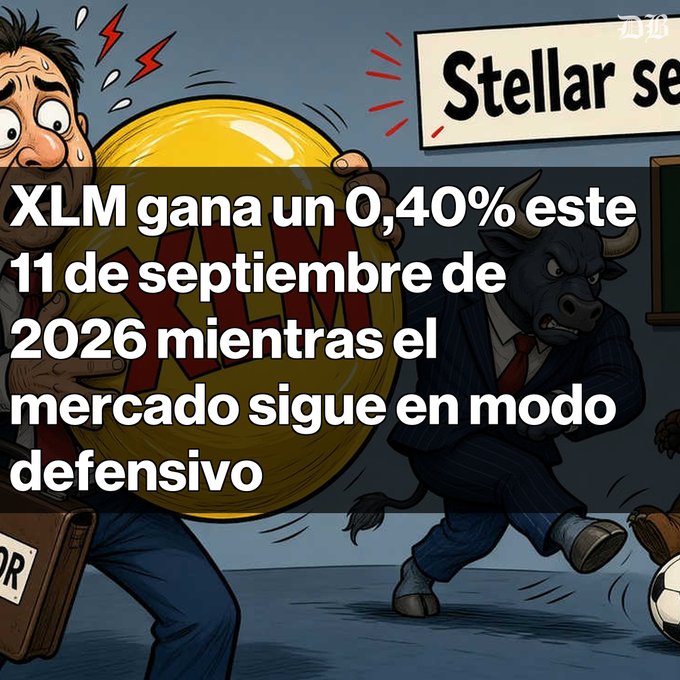 A cartoon illustration of a panicked man carrying an XLM coin being chased by a bull in a suit, with Spanish text stating 'XLM gana un 0,40% este 11 de septiembre de 2026 mientras el mercado sigue en modo defensivo'.