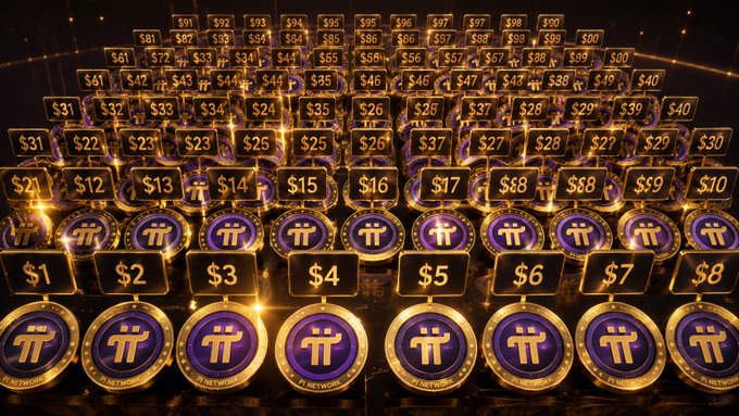 A pyramid of golden Pi Network tokens (π) displays denominations from $1 up to $100, arranged in ascending rows. The image visually reinforces the post's hopeful message that PI's current low price is just a phase, echoing the volatile nature of cryptocurrency where prices can rapidly climb to much higher values.