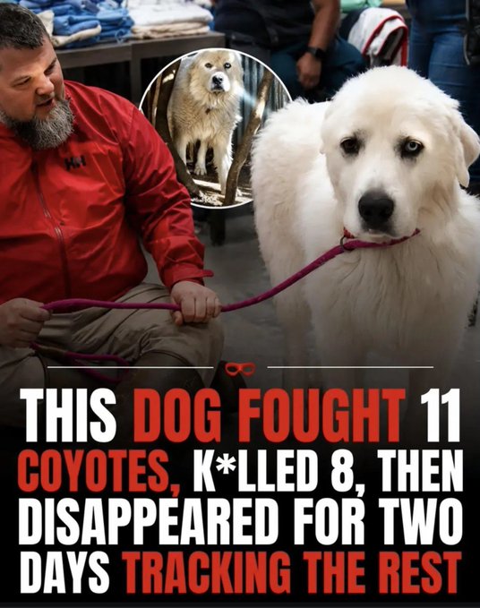 A man in a red Hell's jacket holds the leash of a large white Great Pyrenees dog, with a bold headline claiming 'This dog fought 11 coyotes, killed 8, then disappeared for two days tracking the rest.'