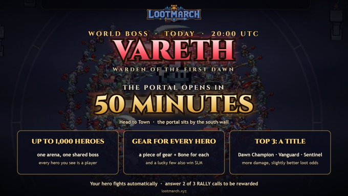A promotional graphic for the game 'Loot March' announces a 'World Boss Today 20:00 UTC' named VARETH, 'Warden of the First Dawn', with the portal opening in 50 minutes.