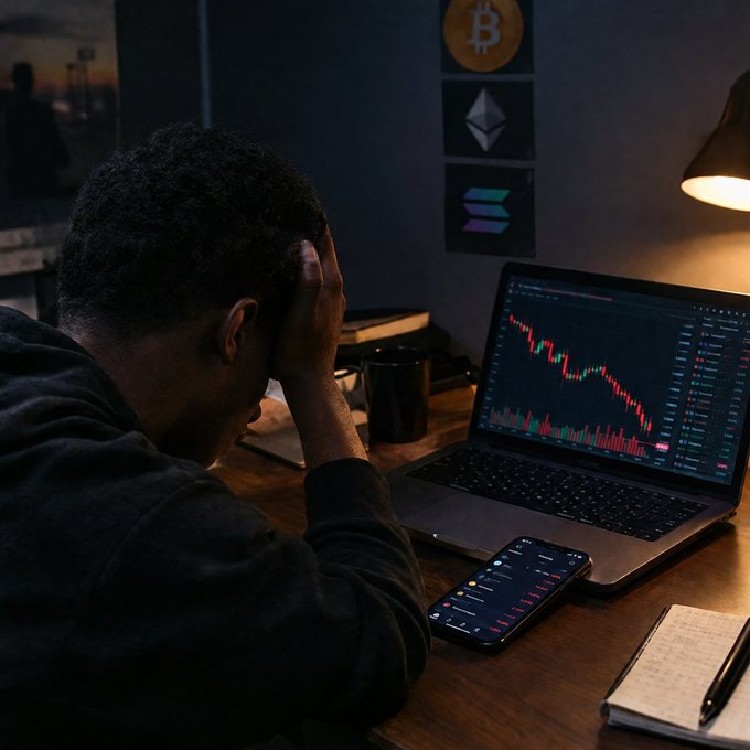 A distressed man sits at a dimly lit desk, holding his head in his hands while looking at a laptop screen displaying a sharply declining red financial chart. Crypto logos for Bitcoin, Ethereum, and Solana hang on the wall behind him.