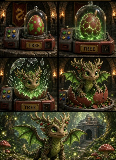 A sequence of AI-generated fantasy images showing a speckled egg in a machine labeled 'TREE' hatching to reveal a small, green, winged dragon creature.