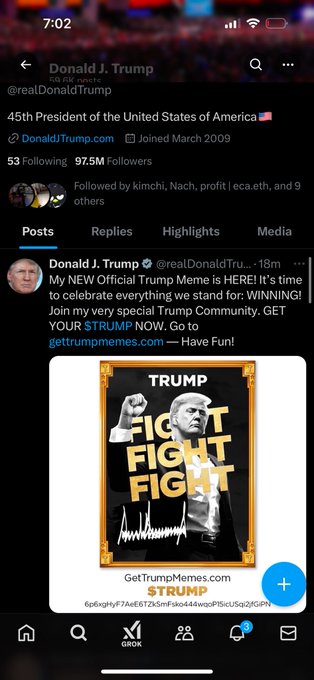 The image shows a post from the official Donald J. Trump account promoting a new Trump Meme and $TRUMP coin, with a link to gettrumpmemes.com. The poster's friend may have had a live reaction to the $TRUMP coin reaching a $2.8 billion market cap, which the poster regrets not investing in.