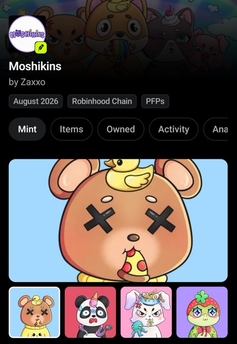 The image shows a mobile NFT collection page titled "Moshikins" by Zaxxo on the Robinhood Chain, launching August 2026, featuring colorful cartoon animal characters like bears and pandas with X-shaped eyes. The post relates directly to the image, as the user is engaging with the @Moshikins_eth community to inquire about whitelist (WL) spots for the upcoming mint.