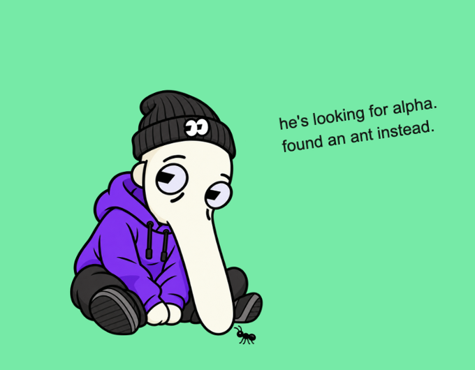 A cartoon illustration on a green background shows a sad-looking character in a purple hoodie and black beanie staring at a small ant, with text reading "he's looking for alpha. found an ant instead."