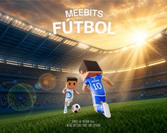 The image features a poster for Meebits Fútbol trading cards, which are themed around soccer. The poster showcases two miniature figures of soccer players engaged in a match on a field with a sunset backdrop. There are also several other smaller images of people and objects related to the card theme. The post mentions that these cards will be available this Summer inside each pack, along with additional content such as avatar photos, QR codes for free avatars, and more details about the trading card packs.