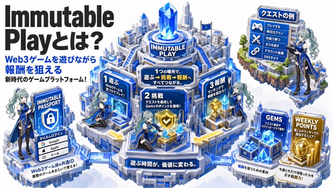 The image features a poster for an online game called Immutable Play, which has been translated into Japanese. The poster displays various elements of the game's gameplay, including characters and objects such as a castle, a crystal, and a map. The poster also includes information about the game in English and Japanese, providing details on how to play and what is required for entry.