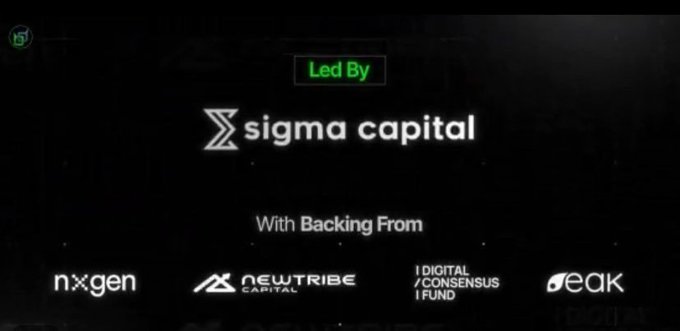 A black promotional screen displaying 'Led By' in green above the 'sigma capital' logo, with 'With Backing From' text above sponsor logos including nxgen, newtribe capital, digital consensus fund, and deck.