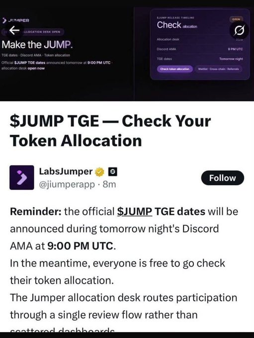 A screenshot of an announcement from LabsJumper (@jumperapp) about the $JUMP TGE, mentioning a Discord AMA scheduled for 9:00 PM UTC to reveal official dates and encouraging users to check their token allocation.