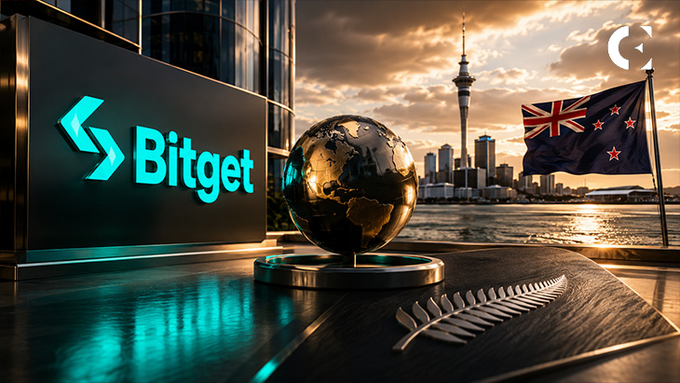 Bitget cryptocurrency promotional image showing the Bitget logo, a golden globe, and the New Zealand flag with a city skyline at sunset, including a silver fern.