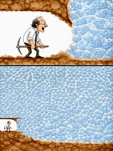 A cartoon miner excitedly hammers into a dirt wall that reveals a massive deposit of blue diamond-shaped crystals, illustrating the optimistic rediscovery of market value. The image visually represents the bullish sentiment of finding hidden gems and renewed opportunity after the post declares "The bull market is back."