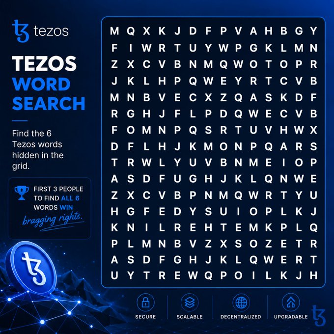 xteos word search puzzle with blue background and white text, featuring a trophy for the first 3 people to win 6 words win a badge, and a list of terms.