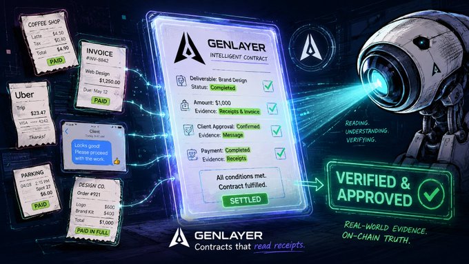 The image features a poster with a robot, which appears to be a robot arm or a similar device, positioned towards the right side of the poster. The poster displays a list of items that include a cell phone, a receipt, and a robot. There are also several texts on the poster, such as "Genlayer", "Contracts that read receipts: @Genlayer", and "Real world access to contracts". These texts seem to be related to the content displayed in the image, possibly discussing the concept of Genlayer or its applications.