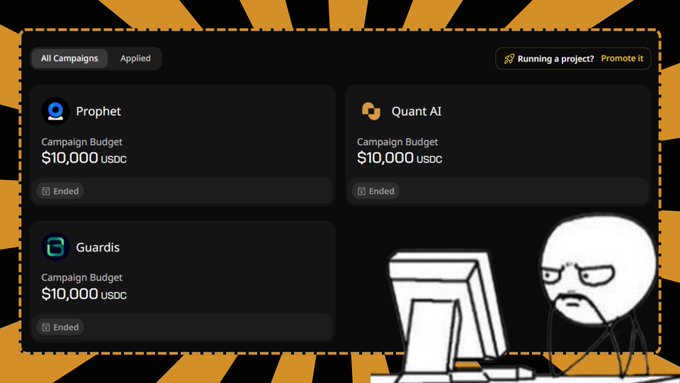 The image shows a cartoon depiction of a person sitting at a computer with an angry expression as they look at their screen. The background features a yellow and black striped pattern that contrasts with the white text displayed on the computer monitor, which reads "the application for the first 3 @wallchain select campaigns is officially over frens now all we can do is wait and hope we make it in @prophetmarketai , @tryquantio , and @guardis_io". The cartoon character seems to be reacting negatively to this news.