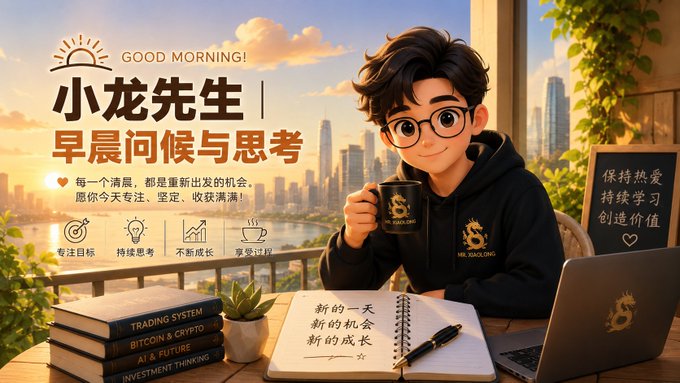 A cheerful cartoon-style young man in a black hoodie enjoys coffee at his balcony desk with a city sunrise backdrop, alongside a laptop, notebook, and stacked books labeled "Trading System," "Bitcoin & Crypto," and "AI & Future." Chinese text reads "小龙先生 早晨问候与思考" (Mr. Xiaolong's Morning Greeting and Reflection), reinforcing the contemplative, analytical mood suited to the post's discussion of Bitcoin's sideways consolidation and the need for patient, strategic thinking.