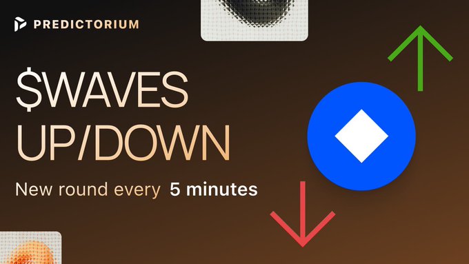 A promotional graphic for Predictorium's "$WAVES UP/DOWN" game, featuring a blue WAVES token logo flanked by green up and red down arrows, with text announcing "New round every 5 minutes" to highlight the live crypto price prediction challenge.