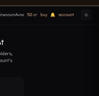 A dark-themed website header shows navigation text including 'inessonAvax', '50 cr', 'buy', a notification bell, and 'account' with a dark mode toggle.