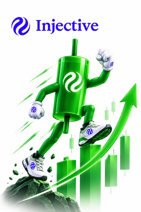 A green 3D mascot character resembling a syringe with muscular arms and legs runs upward alongside a rising green stock chart arrow, with the 'Injective' logo displayed at the top.
