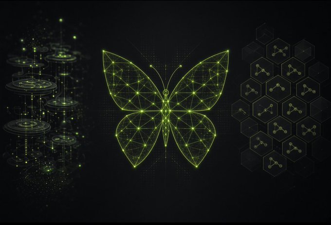 A glowing green wireframe butterfly composed of interconnected nodes and triangles takes center stage, flanked by digital circuit-like structures on the left and hexagonal nodes on the right. The image visually echoes the post's theme of transformation and emerging technology, symbolizing how Quip Network is evolving the next layer of compute and security in Web3.