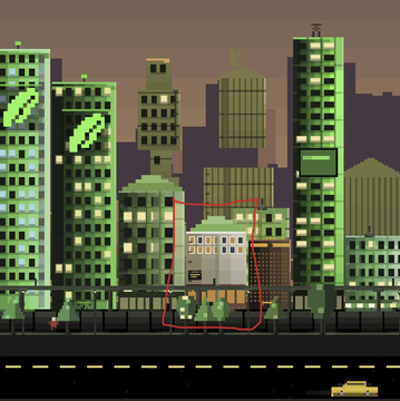 A pixel-art cityscape featuring a red-outlined building representing DeStefano's restaurant. The image illustrates a cross-chain collaboration project that incorporates real-world businesses into the crypto/NFT community's digital world, hinting at more developments "cooking" beyond the featured bacon theme.